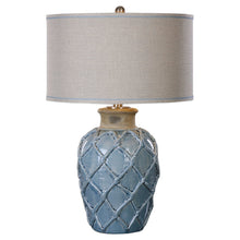 Load image into Gallery viewer, Blue Ceramic Table Lamp with Hand Applied Hammock Weave Pattern (C)
