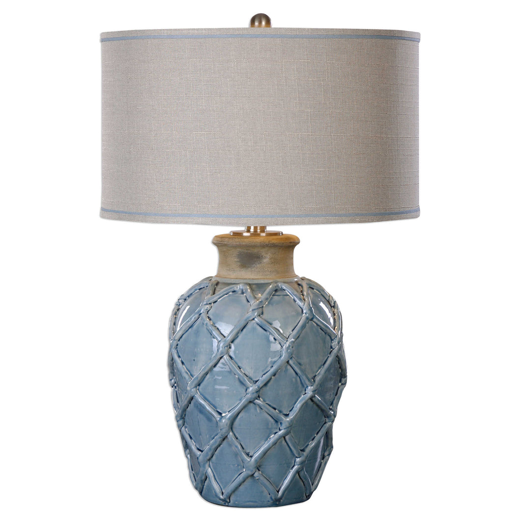 Blue Ceramic Table Lamp with Hand Applied Hammock Weave Pattern (C)