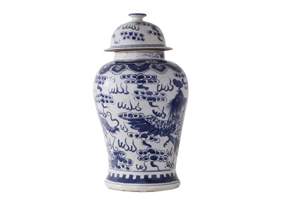 BLUE AND WHITE SERPENTINE TEMPLE JAR