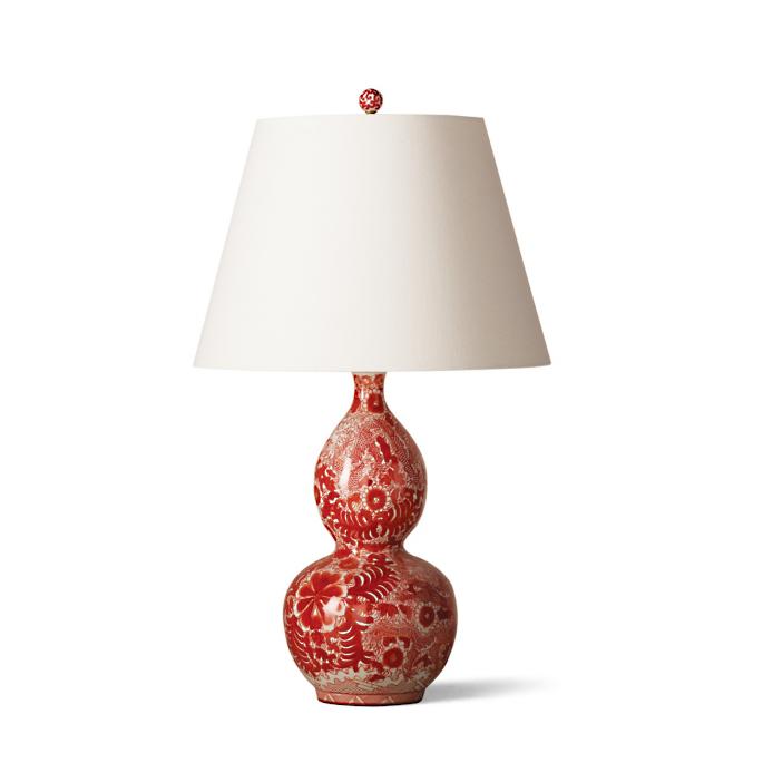 Coral Ming Double Gourd Table Lamp with Ivory Linen Shade