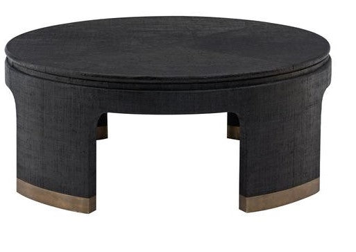 Black and Antique Satin Gold Raffia, Wood and Metal Cocktail Table
