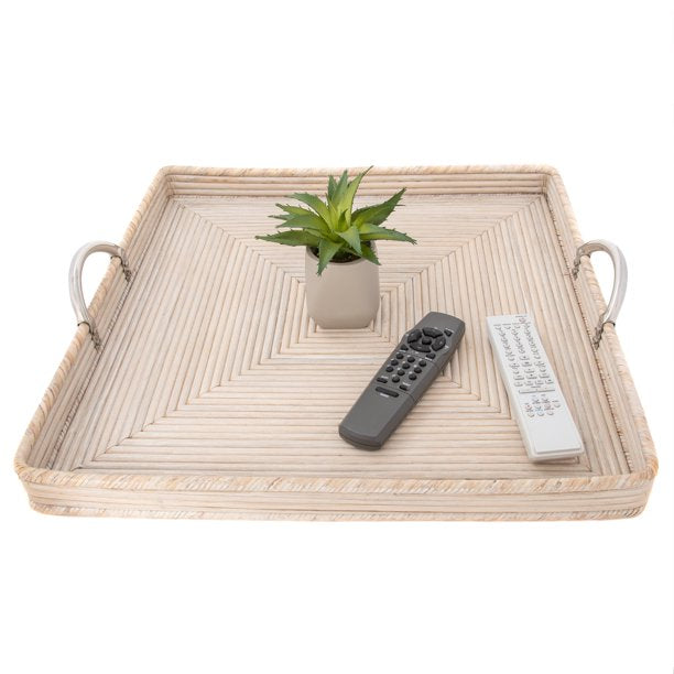 RATTAN SQUARE TRAY WITH STAINLESS STEEL HANDLES