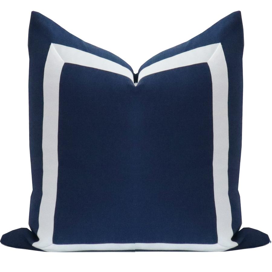 Navy Blue Organic Linen Pillow with White Ribbon Trim 24 x 24